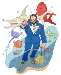 Rule 34 | 1boy, absurdres, beard, blue jacket, blue pants, brown hair, facial hair, fish, glasses, gramanhfolcwald, hammerhead shark, highres, jacket, looking at viewer, medium hair, necktie, pants, partially submerged, pointing, sam hyde, shark, simple background, solo, white background