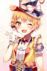 Rule 34 | 1girl, ;d, balloon, bang dream!, blue bow, blush, bow, braid, brown eyes, center frills, corset, detached collar, frills, gloves, gold trim, hair bow, hand up, hat, hat ribbon, highres, kitazawa hagumi, looking at viewer, multicolored clothes, neck ribbon, one eye closed, open mouth, orange hair, ribbon, short sleeves, side braid, smile, solo, sparkle, striped ribbon, taya oco, top hat, twitter username, upper body, w, white gloves