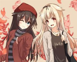 Rule 34 | 10s, 2girls, alternate costume, alternate hairstyle, bad id, bad pixiv id, bag, blonde hair, blue eyes, brown hair, clothes writing, collar, english text, gradient hair, hair flaps, hair ornament, hair ribbon, handbag, hat, jewelry, kantai collection, long hair, long sleeves, looking at viewer, multicolored hair, multiple girls, nanahane fl, one eye closed, open mouth, red eyes, remodel (kantai collection), ribbon, shigure (kancolle), shirt, skullcap, sleeves past wrists, smile, straight hair, striped clothes, striped shirt, sweater, turtleneck, upper body, yuudachi (kancolle)