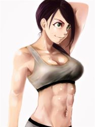 Rule 34 | 1girl, abs, breasts, cleavage, female focus, green eyes, haioku colonel, highres, idolmaster, idolmaster cinderella girls, muscular, muscular female, navel, simple background, solo, sports bra, sweat, toned, white background, yamato aki