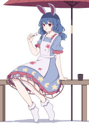 Rule 34 | 1girl, absurdres, animal ears, apron, arm support, blue dress, blue hair, blush stickers, crescent print, dango, dress, earclip, food, highres, holding, kame (kamepan44231), long hair, one-hour drawing challenge, parasol, parted lips, rabbit ears, red eyes, seiran (touhou), short sleeves, simple background, sitting, socks, solo, star (symbol), star print, touhou, umbrella, wagashi, white apron, white background, white socks