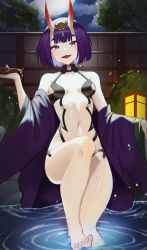 Rule 34 | 1girl, absurdres, bare shoulders, barefoot, blue cat (jiwon), bob cut, breasts, collarbone, cup, eyeliner, fate/grand order, fate (series), full moon, headpiece, highres, horns, japanese clothes, kimono, knee up, legs, long sleeves, looking at viewer, makeup, moon, navel, night, night sky, off shoulder, oni, onsen, open mouth, purple eyes, purple hair, purple kimono, revealing clothes, sakazuki, short hair, shuten douji (fate), skin-covered horns, sky, small breasts, smile, soaking feet, solo, water, wide sleeves
