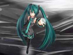 Rule 34 | aqua eyes, aqua hair, bad id, bad pixiv id, detached sleeves, hatsune miku, highres, long hair, necktie, outstretched arm, outstretched hand, reaching, skirt, solo, t@kumi, thighhighs, twintails, very long hair, vocaloid