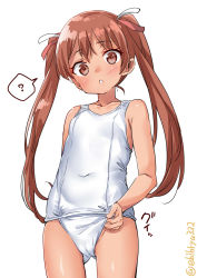 Rule 34 | 1girl, ?, brown eyes, brown hair, cowboy shot, dark-skinned female, dark skin, ebifurya, flat chest, from below, highres, kantai collection, libeccio (kancolle), long hair, looking at viewer, one-piece swimsuit, school swimsuit, simple background, solo, spoken question mark, swimsuit, tan, twintails, twitter username, white background, white one-piece swimsuit, white school swimsuit