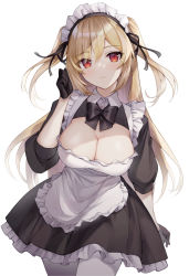 Rule 34 | 1girl, apron, black bow, black dress, black gloves, blonde hair, blush, bow, bowtie, breasts, cleavage cutout, clenched hand, clothing cutout, cowboy shot, dress, frilled apron, frilled dress, frills, gloves, half gloves, hand up, highres, large breasts, light frown, long hair, looking at viewer, maid, maid headdress, metatarou, original, pantyhose, puffy short sleeves, puffy sleeves, red eyes, short sleeves, simple background, solo, standing, two side up, white pantyhose