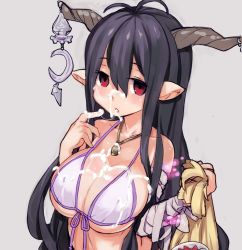 Rule 34 | 10s, 1girl, antenna hair, bandaged arm, bandages, bare shoulders, bikini, black hair, breasts, cleavage, danua, draph, female focus, finger to mouth, front-tie top, granblue fantasy, hair between eyes, horn ornament, horns, jewelry, jitome, kefir, large breasts, long hair, looking at viewer, najimi shin, pointy ears, red eyes, sideboob, solo, suggestive fluid, swimsuit, underboob, upper body, white bikini