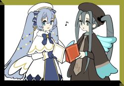 Rule 34 | 2girls, :o, beret, black border, blue bow, blue bowtie, blue eyes, blue gloves, book, border, bow, bowtie, braid, braided bangs, brown cape, brown dress, brown headwear, brown necktie, bug miku (project voltage), cape, capelet, commentary request, creatures (company), dress, dual persona, fake wings, fortissimo, fur collar, game freak, gloves, green border, grey hair, hair ornament, hair through headwear, half-closed eyes, hamako (gsc hama), hat, hatsune miku, holding, holding book, long dress, looking at viewer, low wings, multicolored border, multiple girls, music, musical note, musical note hair ornament, necktie, nintendo, open mouth, pokemon, project voltage, sidelocks, singing, smile, trait connection, twintails, vocaloid, white capelet, white dress, white headwear, wings, yuki miku, yuki miku (2021)