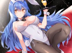 Rule 34 | 1girl, animal ears, black bow, black bowtie, blue hair, bow, bowtie, brown pantyhose, covered navel, cup, detached collar, drinking glass, fake animal ears, girls&#039; frontline, gloves, half gloves, high heels, holding, holding tray, indoors, kinona, leotard, long hair, official alternate costume, pantyhose, playboy bunny, rabbit ears, rabbit tail, side-tie leotard, solo, strapless, strapless leotard, tail, tar-21 (girls&#039; frontline), tar-21 (night at the bar) (girls&#039; frontline), tray, white leotard, wrist cuffs, yellow eyes