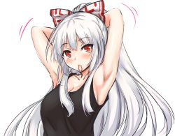 Rule 34 | 1girl, amagi (amagi626), armpits, arms up, bare arms, black tank top, blush, bow, breasts, cleavage, collarbone, commentary request, fujiwara no mokou, hair bow, head tilt, large breasts, long hair, looking at viewer, motion lines, mouth hold, one-hour drawing challenge, ponytail, red eyes, sideboob, silver hair, simple background, solo, tank top, touhou, tying hair, upper body, white background, white bow
