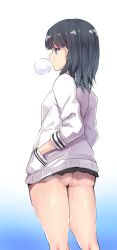 Rule 34 | 10s, 1girl, ass, black hair, blue background, blue eyes, cardigan, chewing gum, commentary request, from behind, gradient background, gridman universe, hand in pocket, highres, long sleeves, looking away, panbai, short hair, solo, ssss.gridman, standing, sweat, takarada rikka, thighs, white background, white cardigan