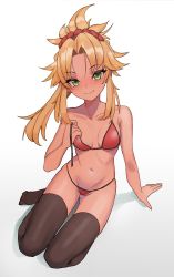 Rule 34 | 1girl, absurdres, bare shoulders, bikini, blush, breasts, closed mouth, collarbone, fate/grand order, fate (series), green eyes, hair ornament, hair scrunchie, highres, kiritzugu, long hair, looking at viewer, mordred (fate), mordred (fate) (all), mordred (fate/apocrypha), mordred (swimsuit rider) (fate), mordred (swimsuit rider) (first ascension) (fate), navel, parted bangs, ponytail, red bikini, red scrunchie, scrunchie, simple background, small breasts, smile, swimsuit, thighhighs, thighs, white background