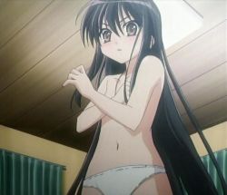 Rule 34 | 00s, black hair, breasts, brown eyes, covering privates, covering breasts, episode4, long hair, navel, panties, panties only, screencap, shakugan no shana, shana, solo, standing, stitched, third-party edit, topless, underwear, underwear only, very long hair, white panties