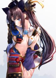 Rule 34 | 1girl, armor, asymmetrical sleeves, black hat, blue eyes, blush, board game, breasts, fate/grand order, fate (series), feather hair ornament, go (board game), hair ornament, hakuishi aoi, hat, japanese armor, kusazuri, long hair, mismatched sleeves, navel, open mouth, parted bangs, pom pom (clothes), revealing clothes, small breasts, solo, ushiwakamaru (fate)