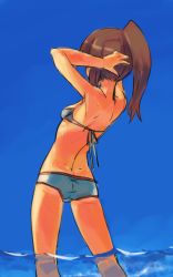 Rule 34 | 1girl, adjusting hair, arched back, armpits, arms up, ass, bare shoulders, bikini, brown hair, day, from behind, long hair, original, ponytail, s.o chin, sketch, sky, solo, swimsuit, wading, water, wet