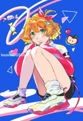 Rule 34 | 1girl, anno (bambi1103no), apple, black shorts, blonde hair, blue background, candy, colored tips, food, freyja wion, fruit, green eyes, hair ornament, heart, heart hair ornament, highres, jacket, macross, macross delta, multicolored hair, short hair, shorts, sitting, sleeves past wrists, smile, solo, white footwear, white jacket