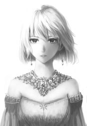 Rule 34 | 1girl, dress, earrings, greyscale, jewelry, looking at viewer, monochrome, necklace, original, parted lips, sakimori (hououbds), short hair, simple background, solo, upper body, white background