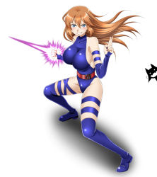 Rule 34 | 1girl, blue eyes, blue leotard, blue thighhighs, blush, breasts, brown hair, charlotte e. yeager, collarbone, cosplay, elbow gloves, energy sword, fingerless gloves, full body, gloves, grin, groin, hiro yoshinaka, large breasts, leotard, long hair, marvel, parted lips, psylocke, psylocke (cosplay), shiny skin, sideboob, simple background, smile, standing, strike witches, sword, thighhighs, weapon, white background, world witches series, x-men