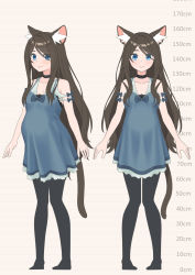 Rule 34 | 1girl, aina (mao lian), animal ear fluff, animal ears, arms at sides, bare shoulders, black choker, black pantyhose, blue bow, blue dress, blue eyes, bow, brown hair, cat ears, cat tail, choker, closed mouth, dress, height chart, highres, long hair, looking at viewer, mao lian (nekokao), multiple views, original, pantyhose, pigeon-toed, pregnant, smile, standing, tail