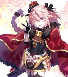 Rule 34 | 1boy, absurdres, astolfo (fate), braid, braided ponytail, cloak, eyebrows hidden by hair, fate/apocrypha, fate/grand order, fate (series), hair between eyes, hair ribbon, hat, highres, ichi niichi, long hair, looking at viewer, one eye closed, open mouth, pink hair, ribbon, smile, solo, standing