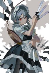 Rule 34 | 1girl, absurdres, apron, between fingers, black dress, black pantyhose, collared shirt, commentary, cowboy shot, dress, from side, gears, green necktie, grey hair, hand up, highres, holding, holding knife, izayoi sakuya, knife, kofi-mo, maid, maid headdress, necktie, pantyhose, pocket watch, puffy short sleeves, puffy sleeves, red eyes, shirt, short dress, short hair, short sleeves, solo, throwing knife, touhou, waist apron, watch, weapon, white apron, white background, white shirt