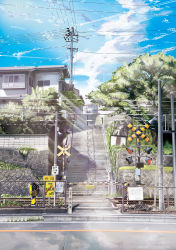 Rule 34 | blue sky, building, cloud, commentary request, day, fence, grass, hankachi (okayama012), highres, house, no humans, onomichi (city), original, plant, power lines, railroad crossing, railroad tracks, real world location, road, scenery, shade, sign, sky, stairs, sunlight, tree, utility pole