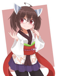 Rule 34 | 1girl, ahoge, ao (aoblueao), black pantyhose, blush, brown background, brown hair, closed mouth, commentary request, hair between eyes, hands up, headgear, japanese clothes, kimono, long sleeves, obi, pantyhose, pleated skirt, print kimono, purple skirt, red eyes, sash, short kimono, skirt, smile, solo, touhoku kiritan, twintails, two-tone background, voiceroid, white background, white kimono, wide sleeves