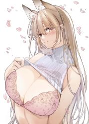 Rule 34 | 1girl, animal ears, bare shoulders, blush, bra, breasts, clothes lift, fox ears, fox girl, highres, huge breasts, lifted by self, light brown hair, long hair, looking at viewer, midriff, original, petals, pink bra, shirt lift, shizu-chan, simple background, sleeveless, smile, solo, sweater, underwear, upper body, white background, yellow eyes, yukibuster z