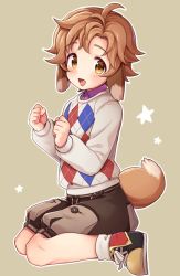 Rule 34 | 1boy, alternate hairstyle, animal ears, argyle, argyle clothes, argyle sweater, blouse, blush, brown eyes, brown hair, buttons, clenched hand, collared shirt, dog boy, dog ears, dog tail, full body, kabosudachin, layered clothes, looking at viewer, male focus, open mouth, pop-up story, purple shirt, shirt, shoes, shorts, simple background, sitting, smile, socks, solo, sweater, tail, wariza, white socks, yuuri lessen