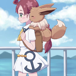 Rule 34 | 1girl, anchor print, brown hair, chloe (pokemon), closed mouth, cloud, collared dress, commentary request, creatures (company), day, dress, eevee, eyelashes, fence, from side, game freak, gen 1 pokemon, green eyes, hand up, highres, holding strap, ibusaki (ivu), long hair, neck tassel, nintendo, outdoors, pokemon, pokemon (anime), pokemon (creature), pokemon journeys, pokemon on back, short sleeves, sky, white dress