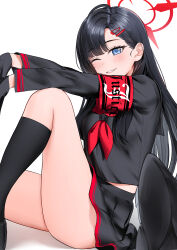 Rule 34 | 1girl, ;d, absurdres, armband, black gloves, black hair, black serafuku, black socks, black wings, blue archive, blush, feathered wings, gloves, halo, highres, ichika (blue archive), knee up, kneehighs, long sleeves, looking at viewer, looking to the side, midriff peek, miniskirt, neckerchief, nonbire, one eye closed, open mouth, pleated skirt, red armband, red halo, red neckerchief, school uniform, serafuku, simple background, sitting, skirt, smile, socks, solo, white background, wings