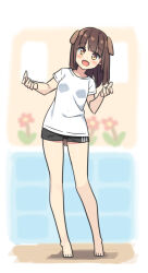 Rule 34 | 1girl, :d, barefoot, black shorts, blurry, blurry background, blush, brown eyes, brown hair, depth of field, full body, hands up, hatsunatsu, leaning to the side, long hair, open mouth, original, shirt, short shorts, short sleeves, shorts, smile, solo, standing, translation request, white shirt