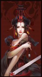 Rule 34 | 1girl, bare shoulders, black hair, chinese clothes, commentary, dress, english commentary, facepaint, guan hat, headdress, holding, holding pen, holding sword, holding weapon, jjlovely, looking at viewer, mian guan, original, pen, portrait, red background, red dress, red headwear, red lips, solo, sword, tagme, weapon