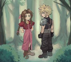 Rule 34 | 1boy, 1girl, aerith gainsborough, armor, arms at sides, arms behind back, baggy pants, bangle, belt, black footwear, black pants, blonde hair, blue eyes, blue shirt, blush, boots, bracelet, braid, braided ponytail, brown footwear, brown hair, bush, chibi, choker, cloud strife, cropped jacket, dokunoko, dress, final fantasy, final fantasy vii, forest, gloves, green eyes, hair ribbon, highres, jacket, jewelry, long dress, long hair, looking at another, nature, outdoors, pants, parted bangs, parted lips, pink dress, pink ribbon, puffy short sleeves, puffy sleeves, red jacket, ribbon, shirt, short hair, short sleeves, shoulder armor, sidelocks, sleeping forest, sleeveless, sleeveless turtleneck, smile, spiked hair, square enix, standing, suspenders, tree, turtleneck
