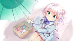 Rule 34 | 1girl, akazateri, aqua eyes, aqua umbrella, bow, box, cat, from above, kneeling, long sleeves, looking at viewer, looking up, medium hair, original, pink hair, pink skirt, pleated skirt, purple bow, purple neckwear, rain, short twintails, skirt, solo, twintails, two side up, umbrella, uniform, white background, white cat