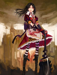 Rule 34 | 1girl, alice: madness returns, alice (alice in wonderland), alice in wonderland, alice liddell (american mcgee&#039;s alice), alternate costume, american mcgee&#039;s alice, american mcgee's alice, black hair, blood, boots, gloves, green eyes, hao (patinnko), highres, hobby horse, jewelry, long hair, necklace, pantyhose, solo, striped clothes, striped pantyhose, weapon