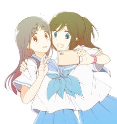 Rule 34 | 1kudamo1, 2girls, black hair, blue eyes, blue hair, blue neckerchief, blue sailor collar, blue skirt, blush, embarrassed, hand on another&#039;s shoulder, hand up, hibike! euphonium, highres, holding, holding phone, kasaki nozomi, kitauji high school uniform, liz to aoi tori, long hair, looking at viewer, multiple girls, neckerchief, open mouth, outstretched arm, phone, pleated skirt, ponytail, red eyes, sailor collar, school uniform, selfie, serafuku, shirt, short sleeves, simple background, skirt, smile, standing, v, watch, white background, white shirt, yoroizuka mizore