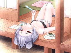 Rule 34 | 1girl, :o, animal ears, artist name, bandeau, bare shoulders, breasts, commentary, downblouse, english commentary, food, forehead, grey hair, highres, holding, holding food, knees up, looking at viewer, lying, mixed-language commentary, mouse ears, nazrin, no bra, no pants, on back, panties, parted lips, polar (admiral pola), popsicle, red eyes, short hair, signature, sliding doors, small breasts, solo, spaghetti strap, strap slip, tatami, thighs, touhou, underwear, underwear only, white panties