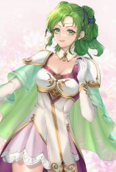 1girl armor breasts capelet circlet cleavage commission commissioner_upload fire_emblem fire_emblem:_the_sacred_stones gloves green_capelet green_eyes green_hair hair_tie highres kiryuu_sara_(artist) l&#039;arachel_(fire_emblem) medium_breasts nintendo princess short_hair shoulder_armor skeb_commission skirt solo twintails white_gloves