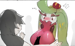 Rule 34 | ..., 1boy, 1girl, black hair, black shirt, blush, breasts, closed mouth, colored skin, covered mouth, creatures (company), erection, faceless, faceless male, flying sweatdrops, game freak, gen 7 pokemon, green hair, half-closed eyes, happy, highres, huge breasts, interspecies, long hair, looking down, monster girl, my700, nervous, nintendo, nose blush, paizuri, penis, plant girl, pokemon, pokemon (creature), pokephilia, purple eyes, purple skin, shiny skin, shirt, short hair, short sleeves, simple background, sketch, smile, swept bangs, tsareena, upper body, white background, white skin