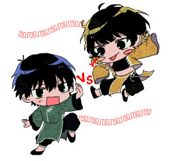 2boys :p absurdres ahoge antenna_hair bachira_meguru ben-day_dots black_eyes black_footwear black_hair black_pants blonde_hair blue_hair blue_lock blush blush_stickers chibi chibi_only chinese_clothes commentary_request cropped_jacket fighting_stance flats full_body highres isagi_yoichi jacket jumping kung_fu leg_up long_sleeves male_focus midriff multicolored_hair multiple_boys navel official_alternate_costume open_clothes open_jacket open_mouth pants pelvic_curtain puffy_pants screentones shoes short_hair simple_background sleeves_past_fingers sleeves_past_wrists standing standing_on_one_leg tangzhuang tongue tongue_out two-tone_hair uta_(utamilk) very_short_hair vs white_background