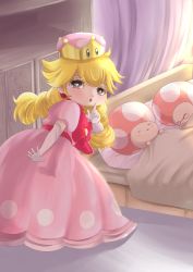 Rule 34 | 1girl, 2boys, absurdres, bed, blonde hair, bow, braid, canopy bed, dress, earrings, elbow gloves, finger to mouth, gloves, grey eyes, highres, jewelry, looking at viewer, looking back, mario (series), multiple boys, new super mario bros. u deluxe, nintendo, peachette, pink dress, puffy short sleeves, puffy sleeves, short sleeves, shushing, super crown, toad (mario), toadette, twin braids