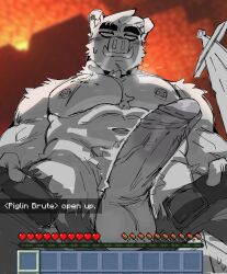 Rule 34 | 1boy, abs, animal ears, bara, blank eyes, brown fur, crotch, erection, furry, furry male, girthy penis, highres, huge eyebrows, large pectorals, male focus, miauarf (cratty wan), minecraft, muscular, muscular male, nipples, open pants, pants, pectorals, penis, penis focus, pig boy, pig ears, pig nose, piglin brute, presenting penis, scar, scar on chest, scar on chin, scar on face, solo, steam from nose, steaming body, strongman waist, taker pov, thick thighs, thighs, topless male, torn clothes, torn pants, tusks, uncensored