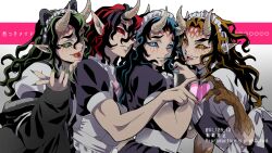 Rule 34 | 4boys, aizetsu (kimetsu no yaiba), animal ears, animal hands, apron, artist name, back bow, black dress, black hair, black jacket, blue eyes, blue hair, blue nails, blue sclera, bow, brown hair, brown sclera, claws, closed mouth, collared dress, colored sclera, crossdressing, demon boy, dress, fake animal ears, fangs, fingernails, frilled apron, frills, gradient background, green eyes, green hair, green nails, green sclera, hand up, hands up, hantengu (kimetsu no yaiba), heart, heart hands, heart hands duo, highres, horn ornament, horn ribbon, horns, jacket, jacket partially removed, karaku (kimetsu no yaiba), kimetsu no yaiba, lll 123 lll, long hair, long sleeves, looking at viewer, maid, maid apron, maid headdress, male focus, monster boy, multicolored background, multicolored hair, multiple boys, open mouth, pink bow, pointy ears, puffy short sleeves, puffy sleeves, red eyes, red hair, red nails, red sclera, ribbon, scales, sekido (kimetsu no yaiba), sharp fingernails, short hair, short sleeves, standing, symbol-shaped pupils, tongue, tongue out, twitter username, two-tone hair, urogi (kimetsu no yaiba), veins, white apron, white background, white dress, yellow eyes