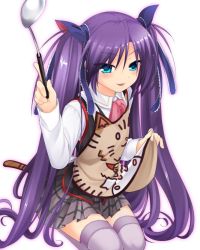 Rule 34 | 1girl, apron, black vest, blue eyes, blue ribbon, bow, full body, hair ornament, hair ribbon, ladle, little busters!, long hair, looking at viewer, open mouth, otou (otou san), pink bow, plaid, plaid skirt, purple hair, purple thighhighs, ribbon, sasasegawa sasami, school uniform, seiza, simple background, sitting, skirt, solo, thighhighs, twintails, very long hair, vest, white hair