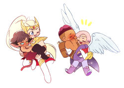 Rule 34 | 1boy, 3girls, adora (she-ra), angel wings, animal ears, blonde hair, blush, boots, bow (she-ra), carrying, cat ears, cat girl, cat tail, catra, chibi, circlet, claws, couple, crossed arms, dark skin, dark-skinned male, glimmer (she-ra), heterochromia, masters of the universe, multiple girls, pink hair, ponytail, princess carry, quiver, she-ra and the princesses of power, short hair, simple background, sleeveless, smile, su ggushi, tail, tiara, toeless legwear, wings