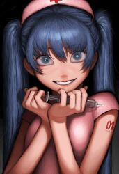 Rule 34 | 1girl, absurdres, alternate costume, blue eyes, blue hair, bright pupils, commentary, crazy smile, empty eyes, fang, grin, hands up, hat, hatsune miku, highres, holding, holding syringe, long hair, looking at viewer, number tattoo, nurse, nurse cap, pink shirt, sanpaku, shirt, short sleeves, shoulder tattoo, smile, solo, song request, syringe, tattoo, twintails, upper body, vocaloid, w arms, white pupils, yakito lulu