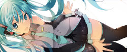 Rule 34 | 1girl, aqua eyes, aqua hair, detached sleeves, hatsune miku, headset, long hair, lpip, necktie, open mouth, simple background, skirt, solo, thighhighs, twintails, very long hair, vocaloid, white background