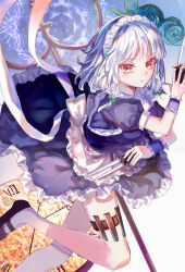 Rule 34 | 1girl, absurdres, apron, between fingers, blue dress, blue flower, bow, braid, clock, closed mouth, commentary, dress, expressionless, flower, green bow, grey hair, hair bow, highres, holding, holding knife, izayoi sakuya, knife, knives between fingers, maid, maid headdress, medium hair, red eyes, roman numeral, solo, suzushina, touhou, twin braids, waist apron
