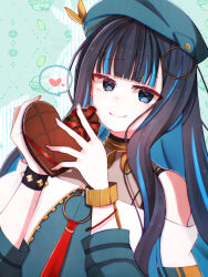 Rule 34 | 1girl, bare shoulders, beret, black hair, blue hair, bracelet, candy, chocolate, chocolate heart, colored inner hair, fate/grand order, fate (series), food, grey eyes, hat, heart, holding, jacket, jewelry, long hair, multicolored hair, neck ring, smile, solo, tenochtitlan (fate), tenochtitlan (second ascension) (fate)