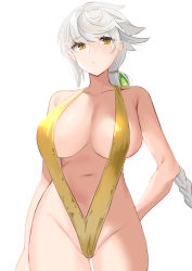 Rule 34 | 1girl, akagi kurage, braid, braided ponytail, breasts, cleavage, highres, kantai collection, large breasts, long hair, one-piece swimsuit, open mouth, silver hair, simple background, single braid, slingshot swimsuit, solo, swimsuit, unryuu (kancolle), white background, yellow eyes, yellow one-piece swimsuit